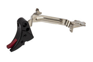 The Zev Fulcrum Adjustable Glock aftermarket drop in trigger comes with a red safety lever